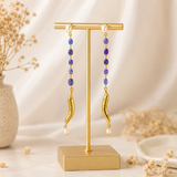 Baroque Pearl & Tanzanite Chili Drops – Gold Plated Linear Statement Earrings