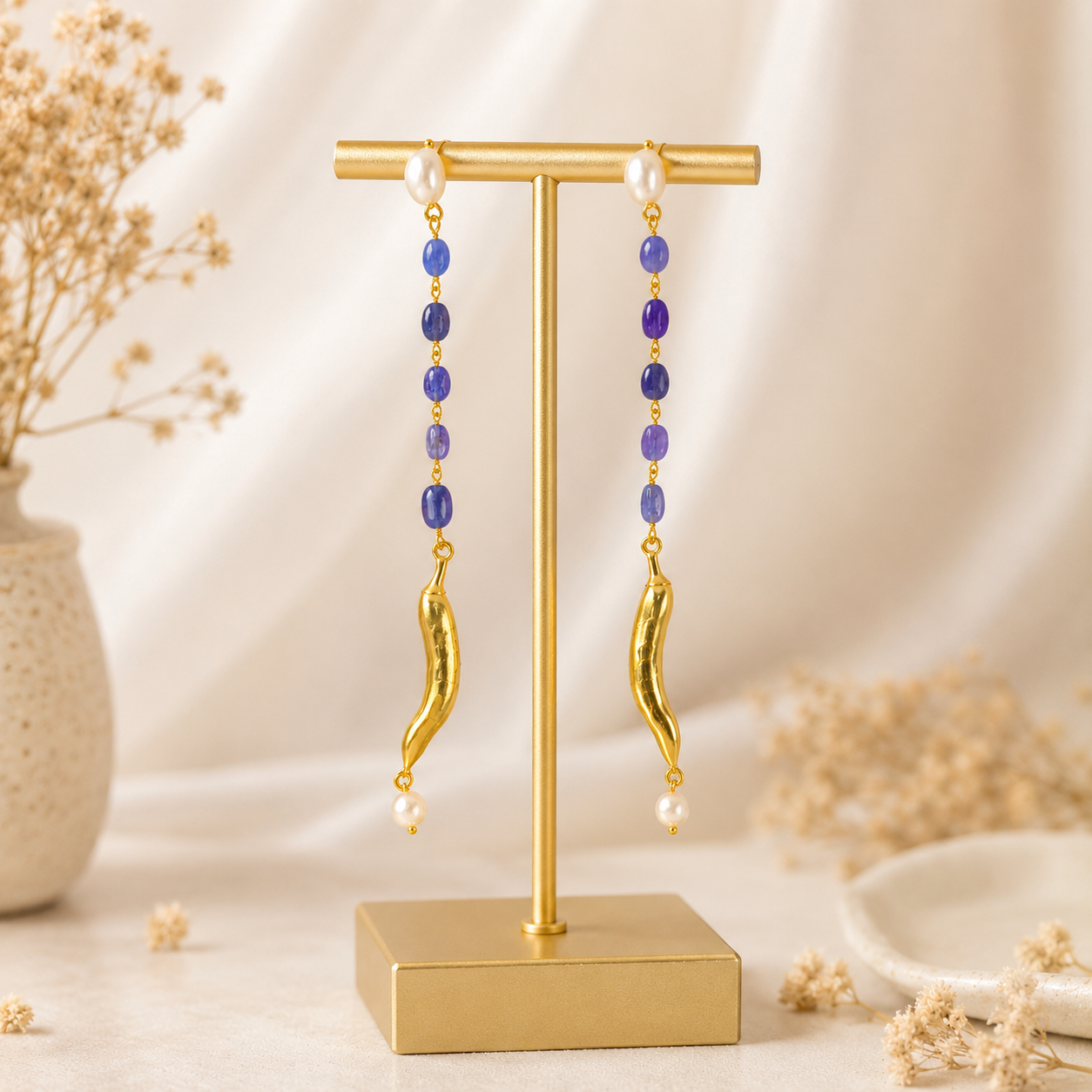 Baroque Pearl & Tanzanite Chili Drops – Gold Plated Linear Statement Earrings