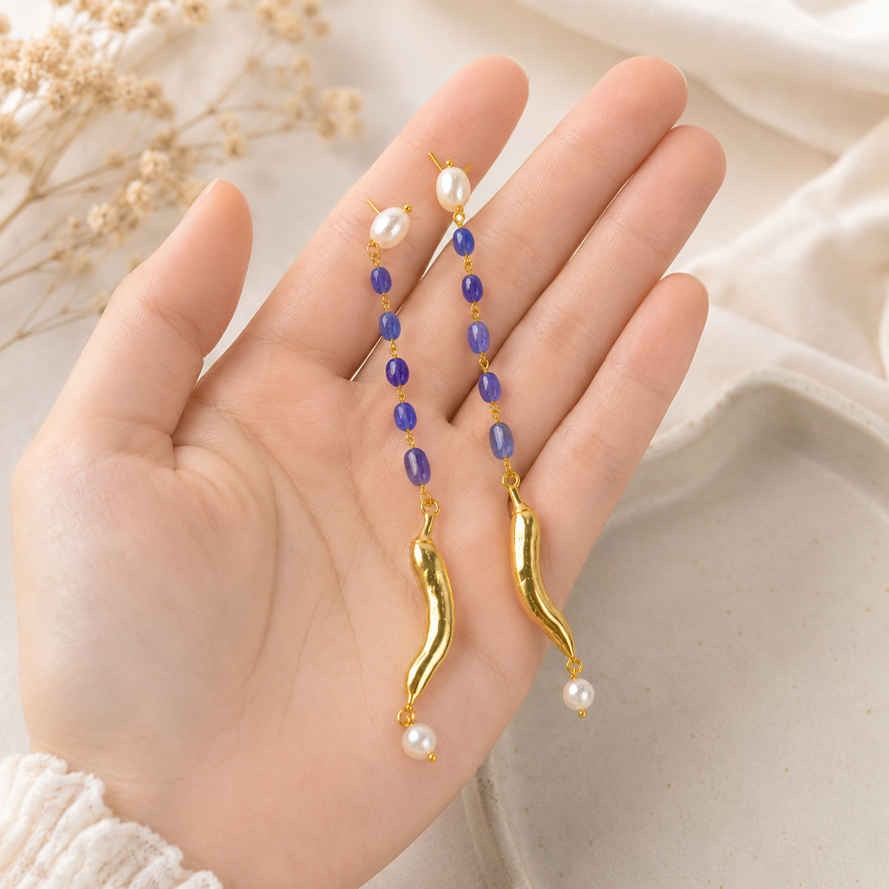 Baroque Pearl & Tanzanite Chili Drops – Gold Plated Linear Statement Earrings