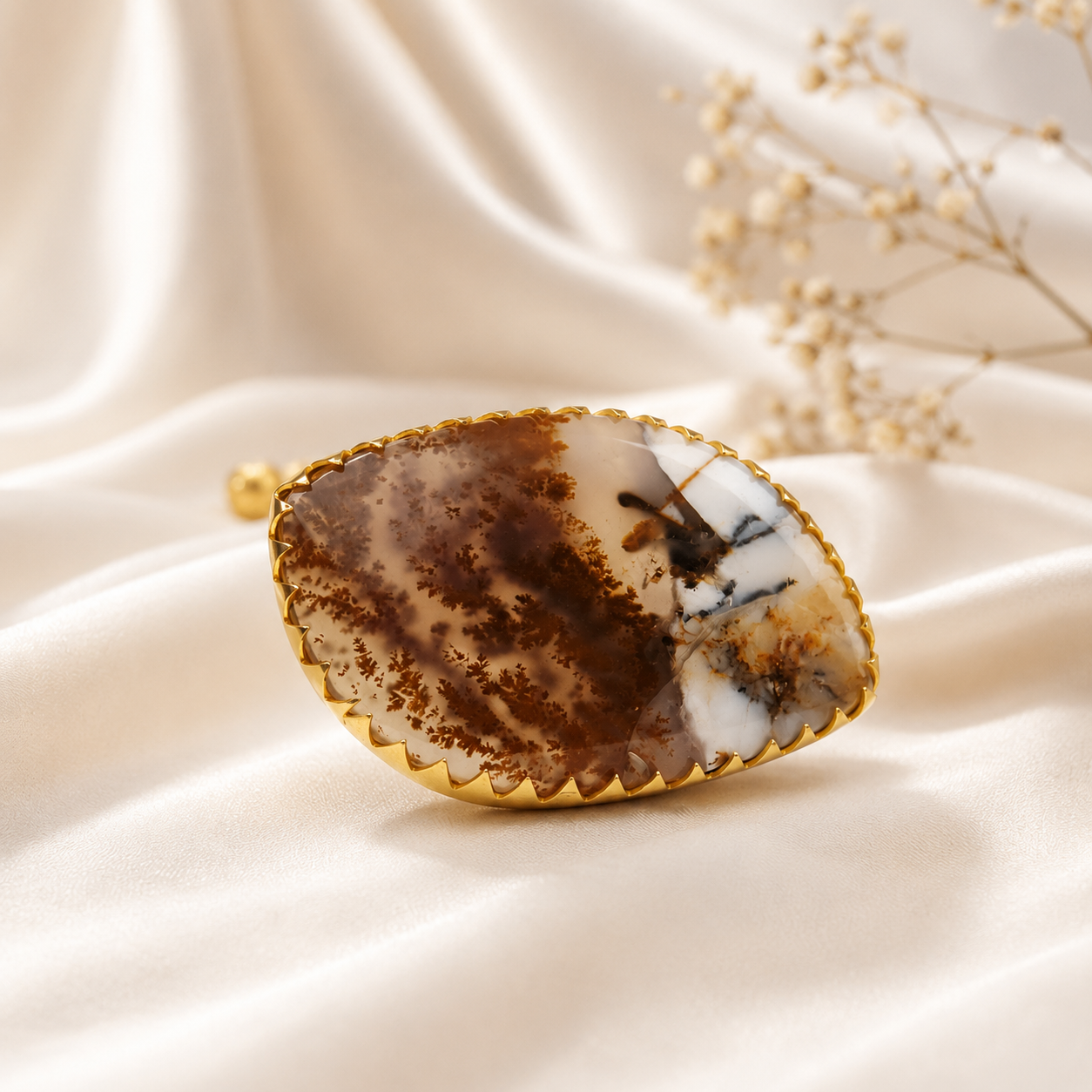 Sienna Wilderness Cocktail Ring – Gold Plated Elongated Scenic Agate Statement Ring