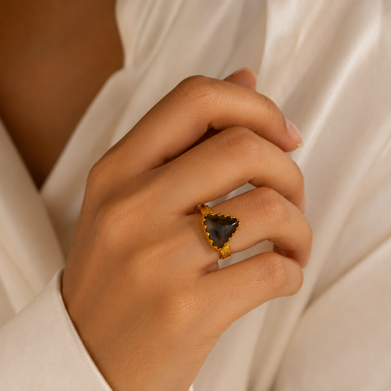 Sienna Ridge Trillion Statement Ring – Gold Plated Dendritic Agate Cocktail Ring