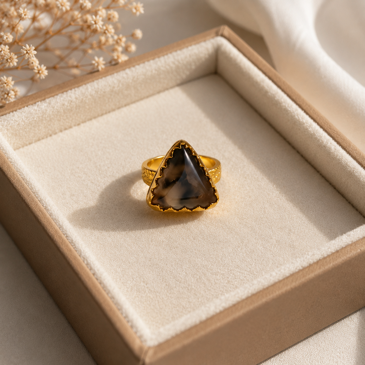 Sienna Ridge Trillion Statement Ring – Gold Plated Dendritic Agate Cocktail Ring