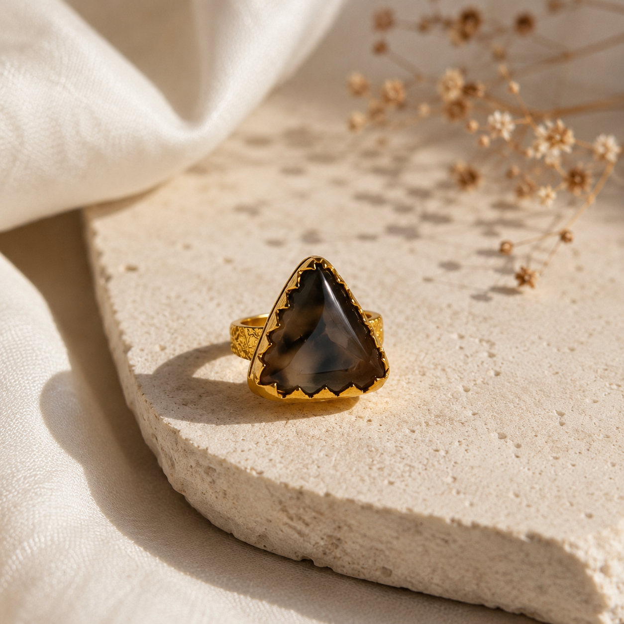Sienna Ridge Trillion Statement Ring – Gold Plated Dendritic Agate Cocktail Ring