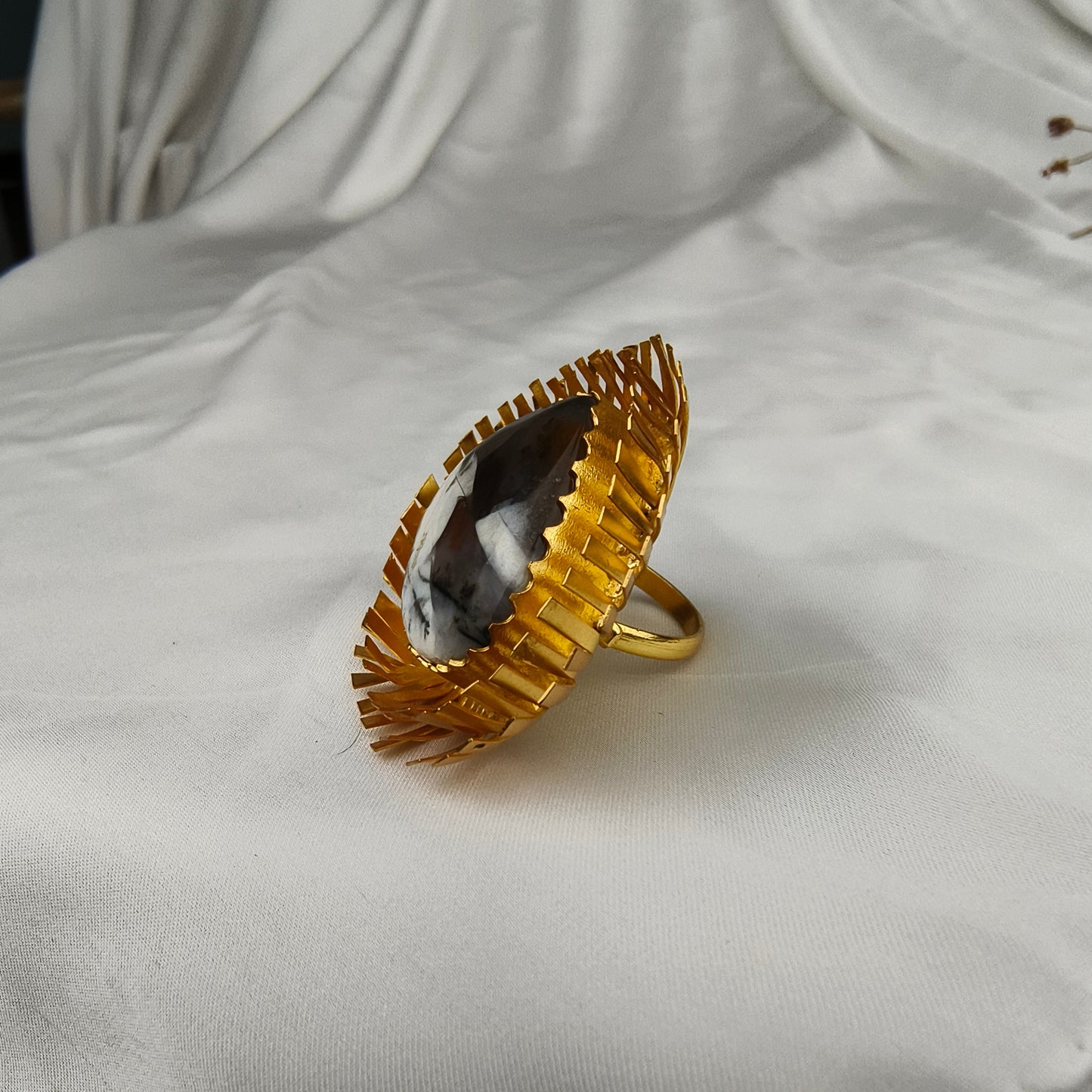 Kinetic Sunburst Trillion Ring – Gold Plated Zebra Jasper Shield Cocktail Ring