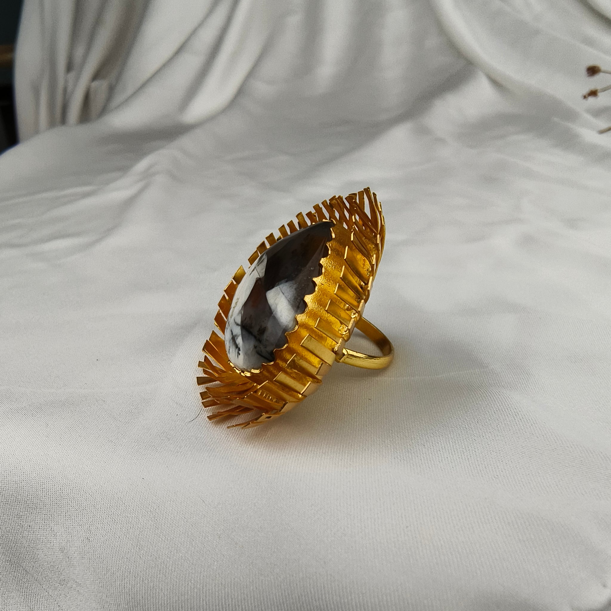 Kinetic Sunburst Trillion Ring – Gold Plated Zebra Jasper Shield Cocktail Ring