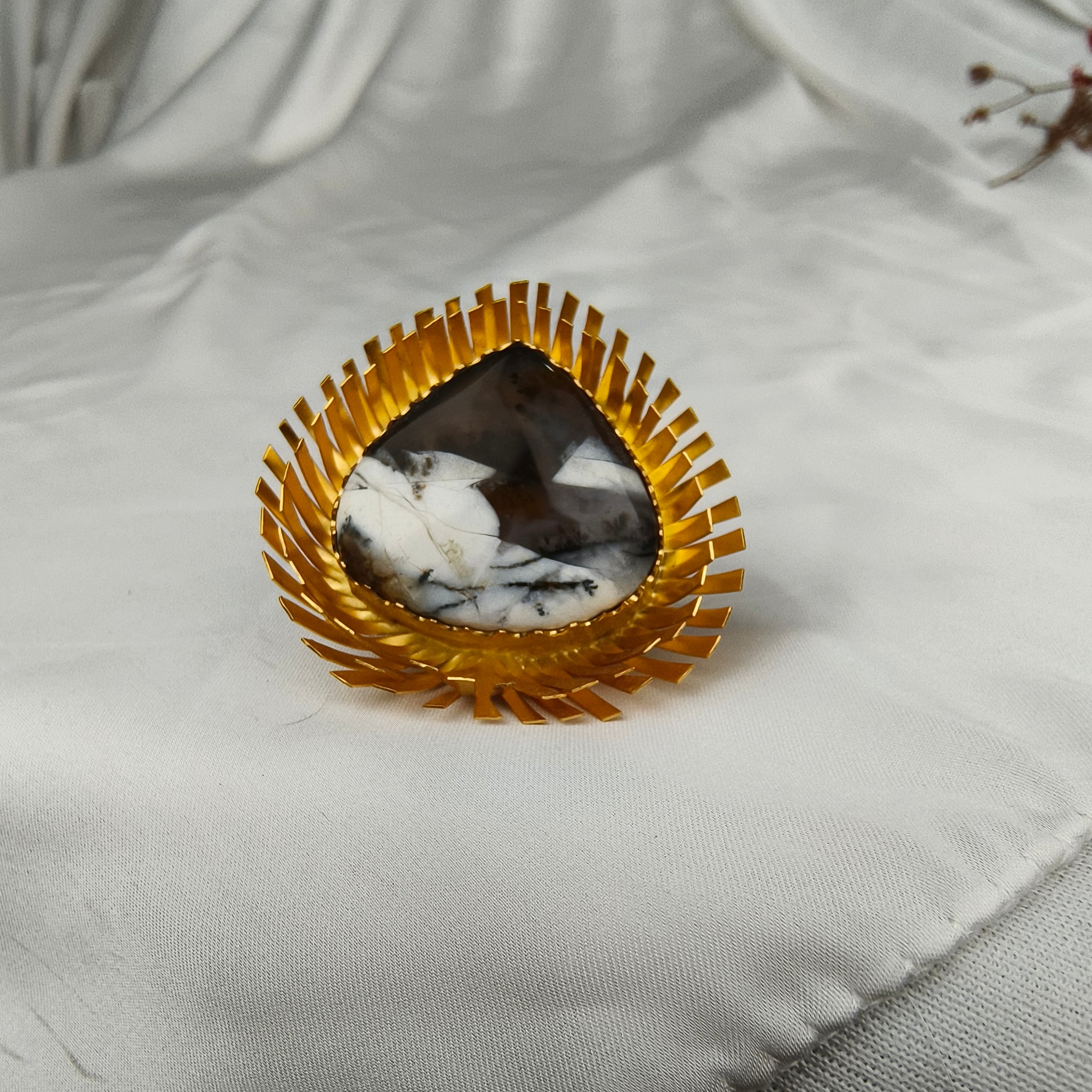 Kinetic Sunburst Trillion Ring – Gold Plated Zebra Jasper Shield Cocktail Ring