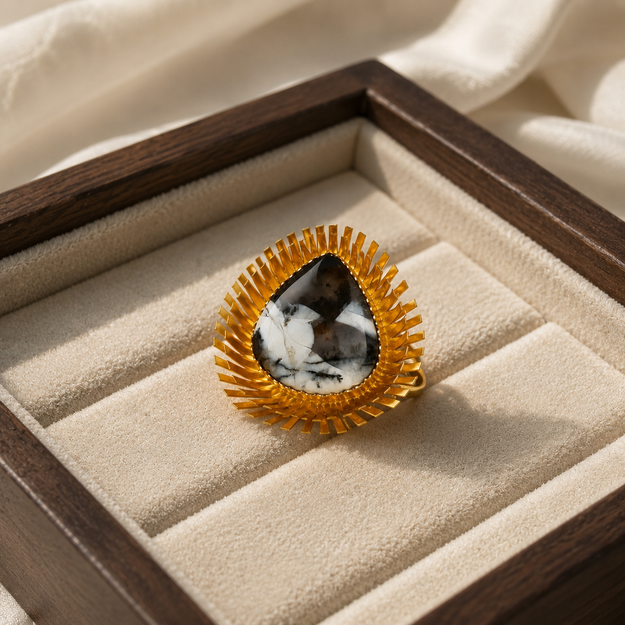 Kinetic Sunburst Trillion Ring – Gold Plated Zebra Jasper Shield Cocktail Ring