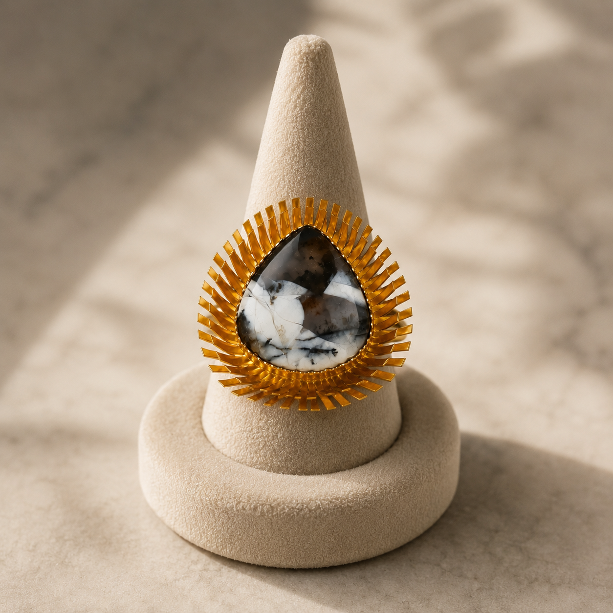 Kinetic Sunburst Trillion Ring – Gold Plated Zebra Jasper Shield Cocktail Ring