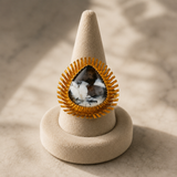 Kinetic Sunburst Trillion Ring – Gold Plated Zebra Jasper Shield Cocktail Ring