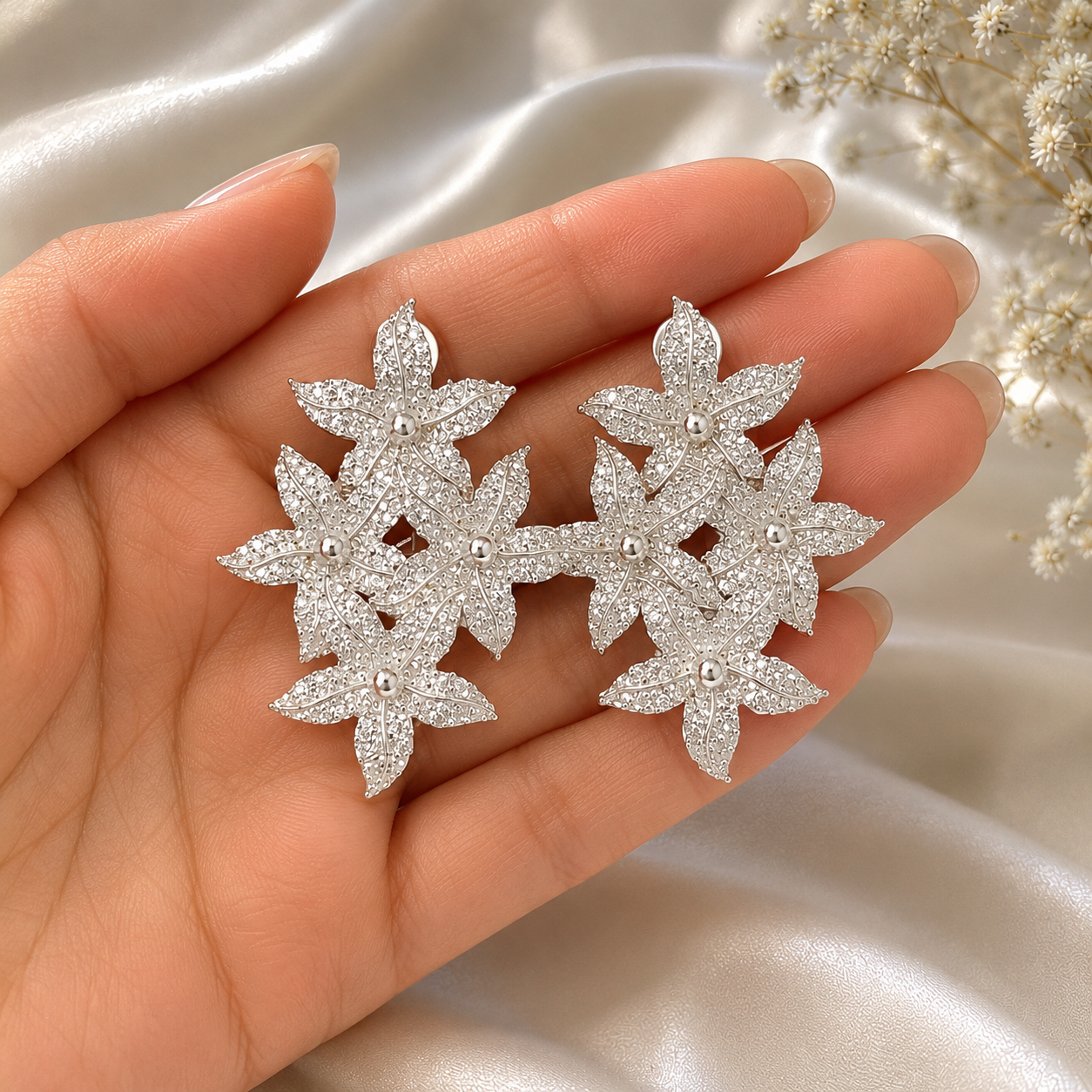 Silver Frost Blossom Cluster Studs – Silver Plated Textured Floral Statement Earrings