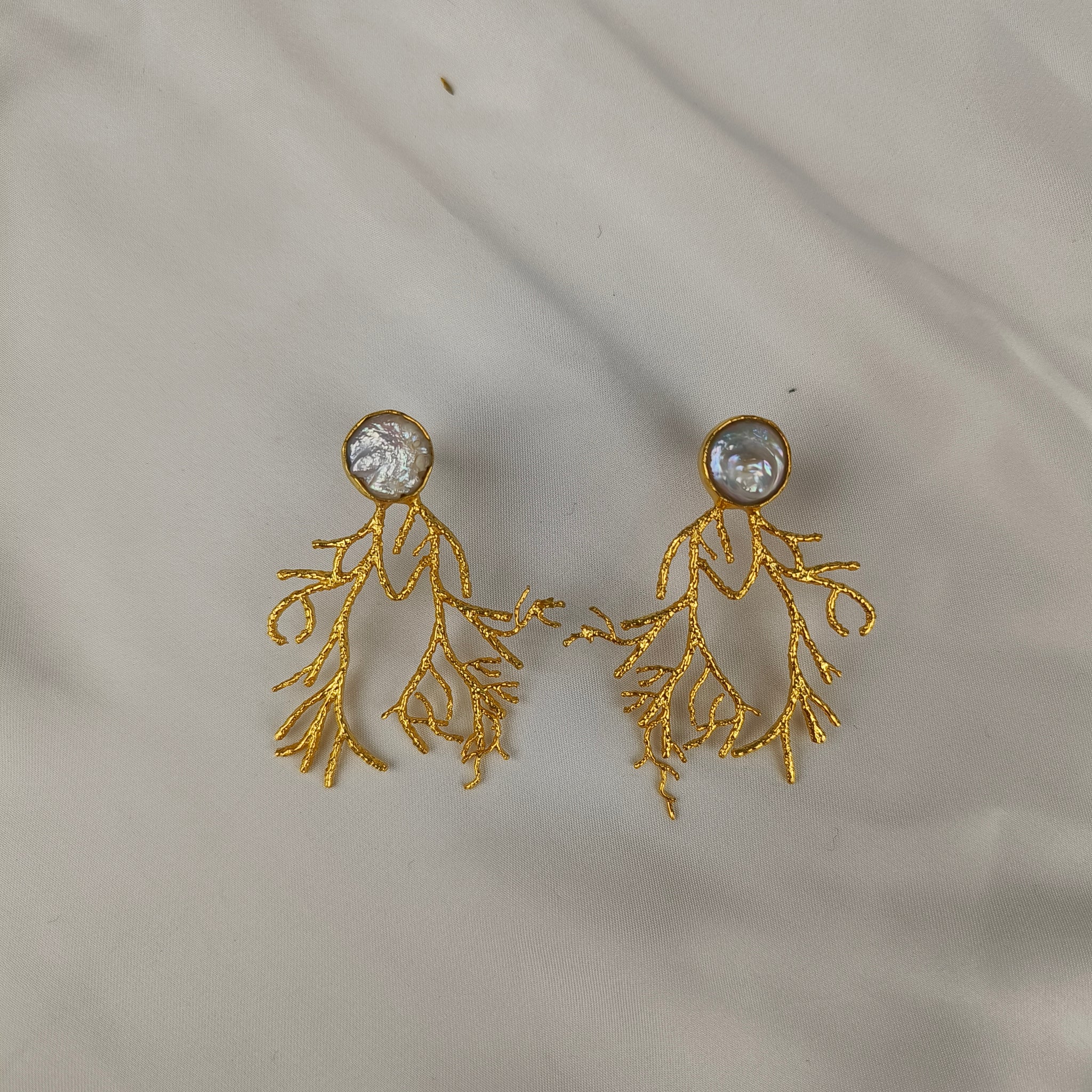 Gold Branch Coral Statement Earrings – Gold Plated Baroque Pearl Botanical Drops