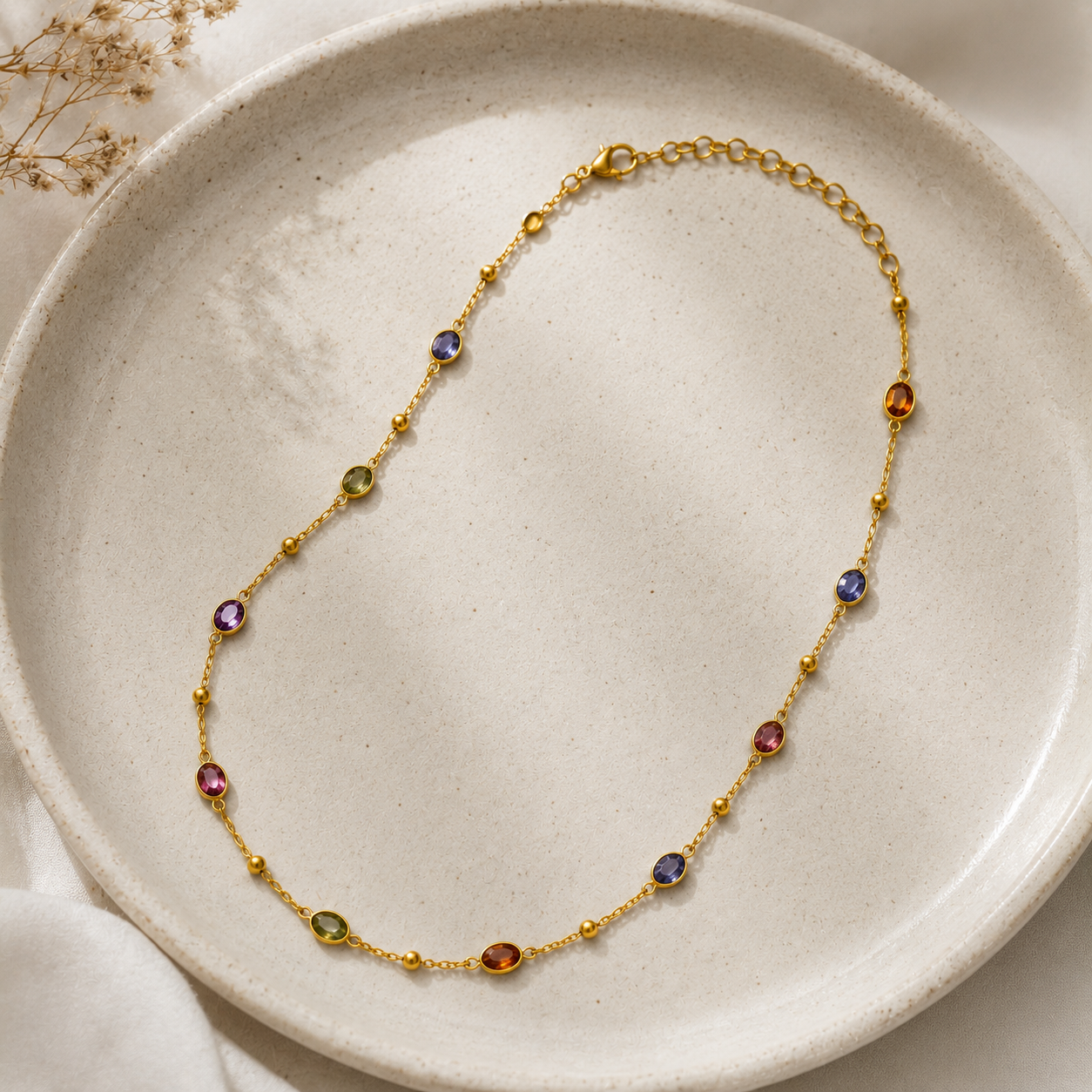 Rainbow Oval Link Necklace – Gold Plated Tourmaline Station Choker