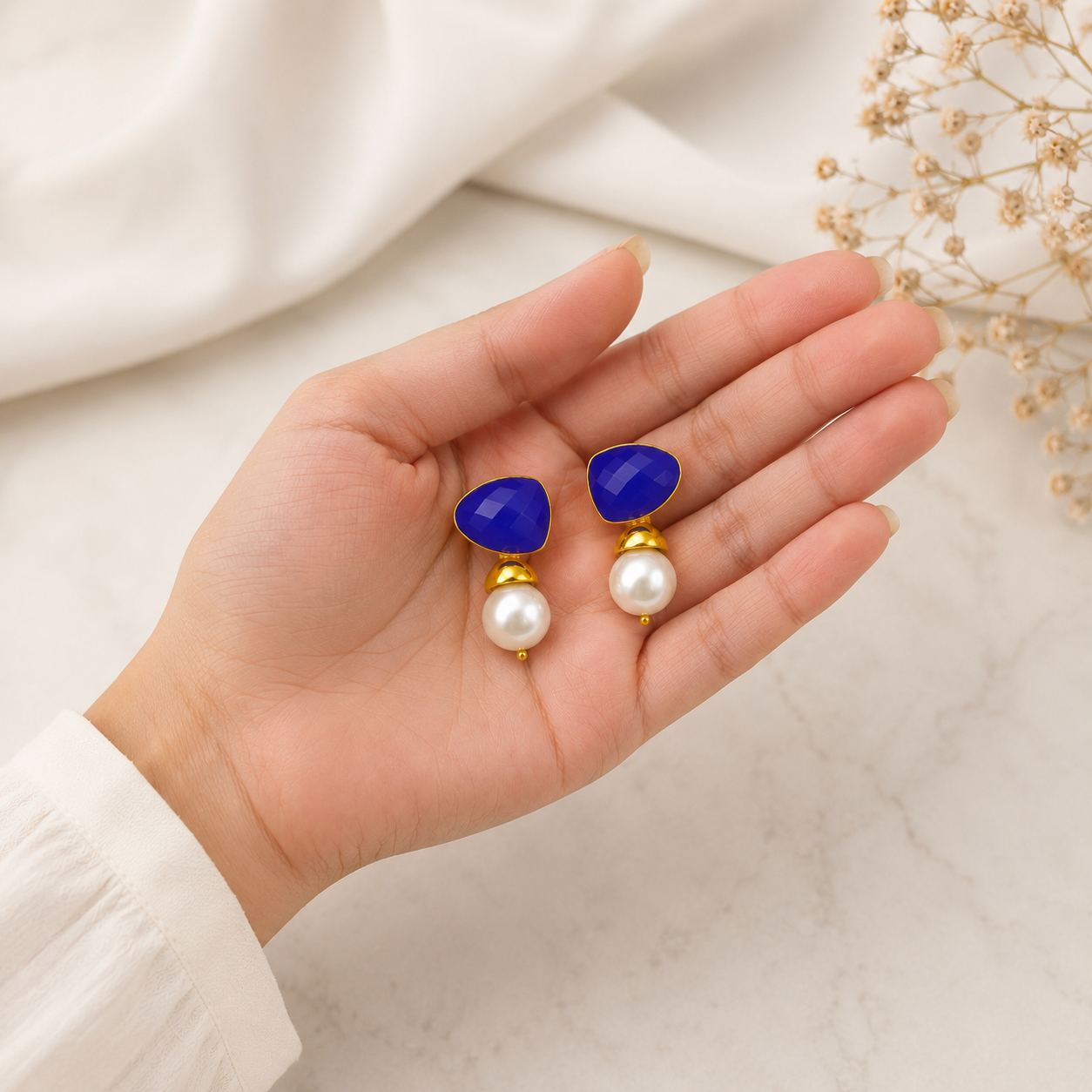 Azure Horizon Pearl Earrings – Gold Plated Calsi Stone Statement Drops
