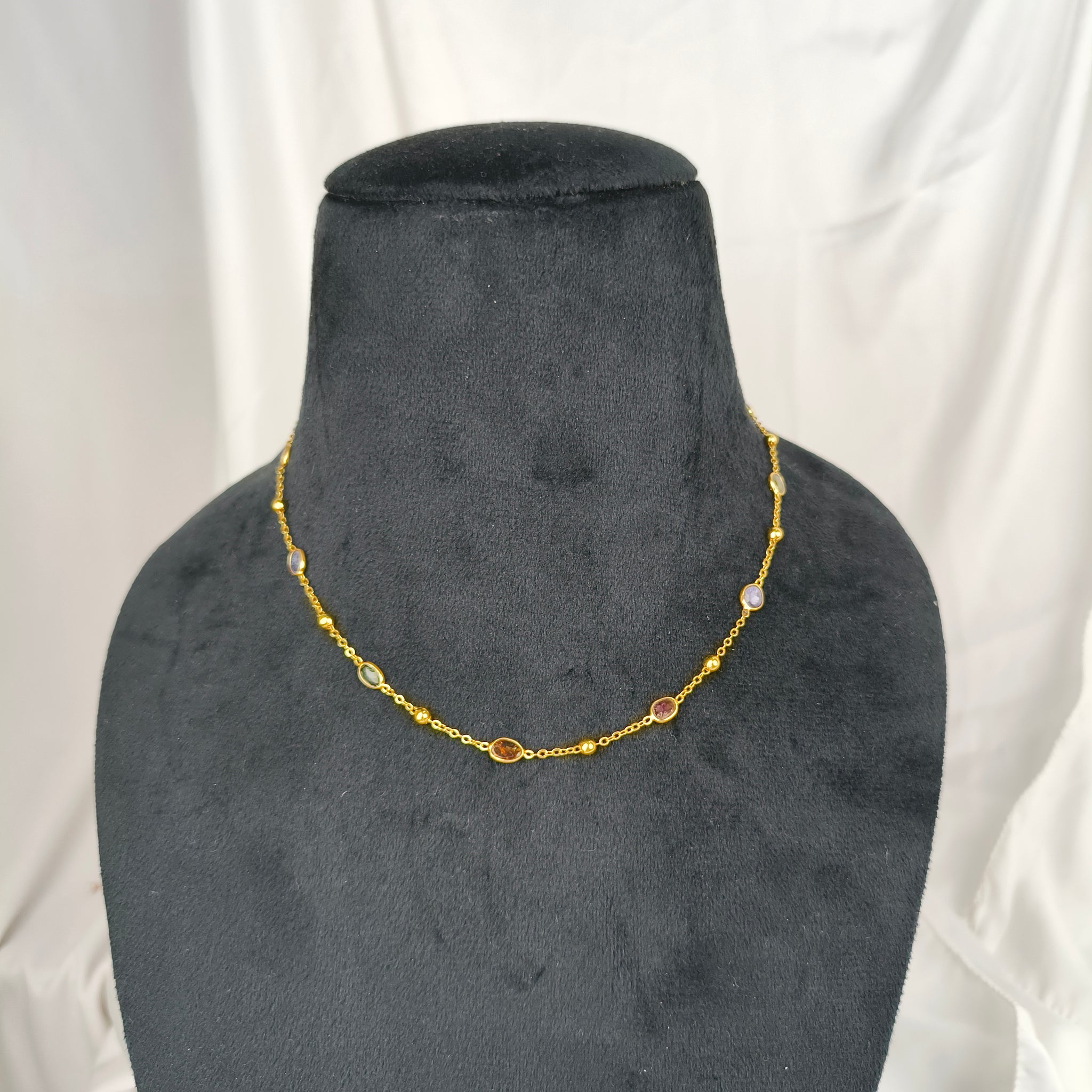 Rainbow Oval Link Necklace – Gold Plated Tourmaline Station Choker