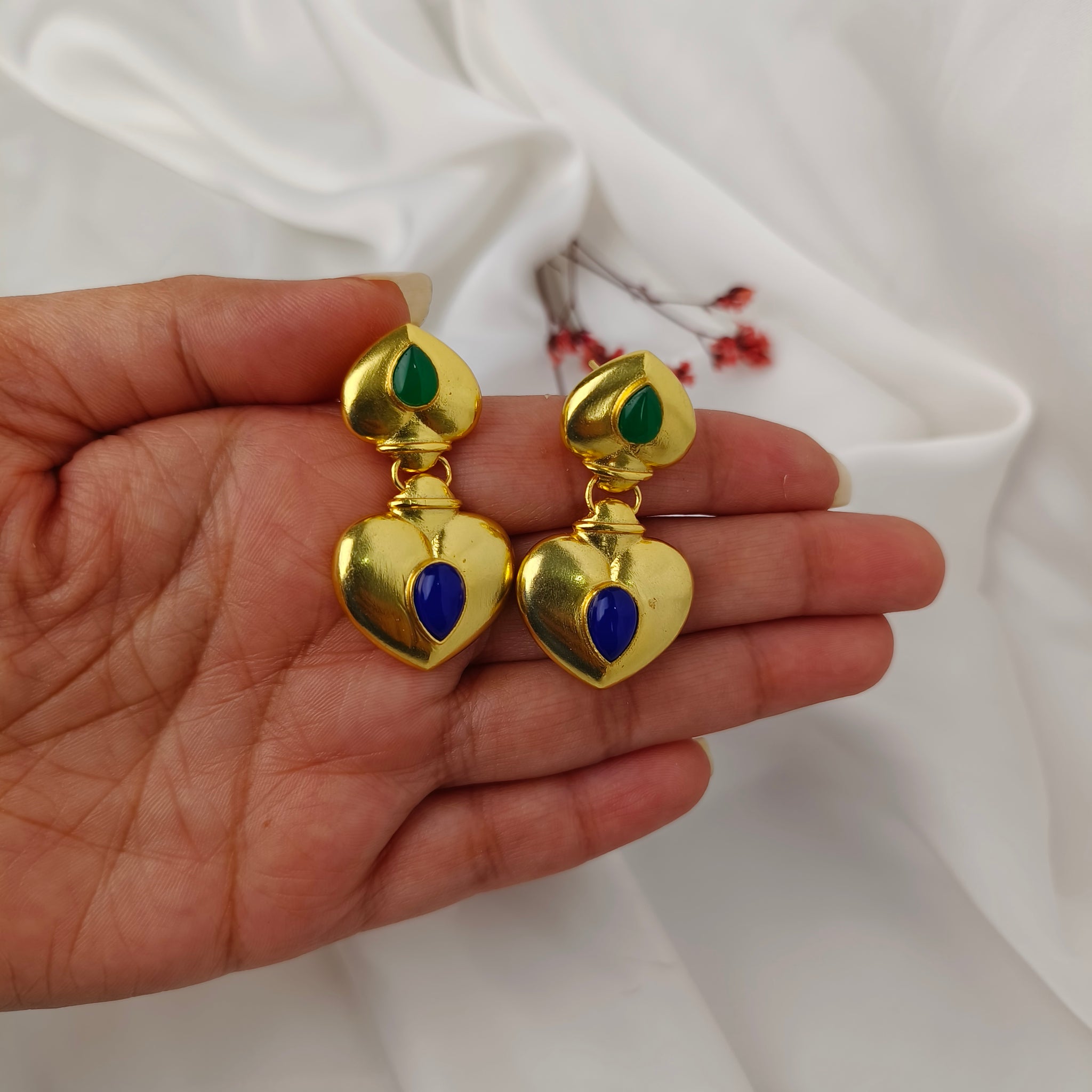 Royal Heart Duo Dangles – Gold Plated Cabochon Statement Drop Earrings