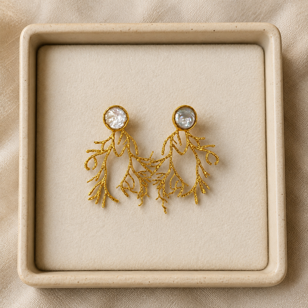 Gold Branch Coral Statement Earrings – Gold Plated Baroque Pearl Botanical Drops