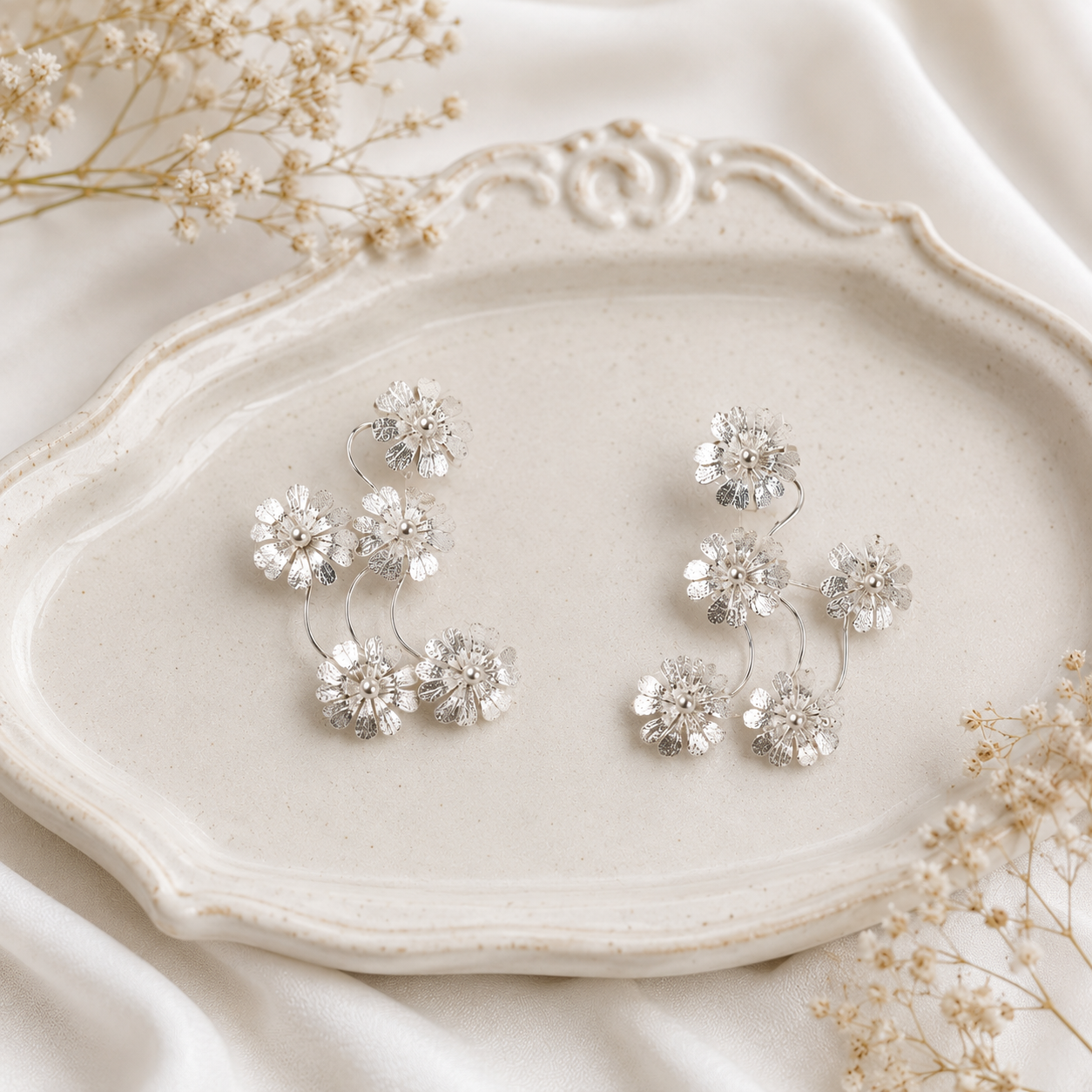 Meadow Cascade Earrings – Silver Plated Textured Botanical Chandelier Drops