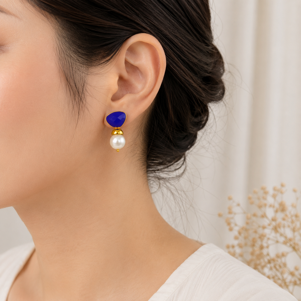 Azure Horizon Pearl Earrings – Gold Plated Calsi Stone Statement Drops