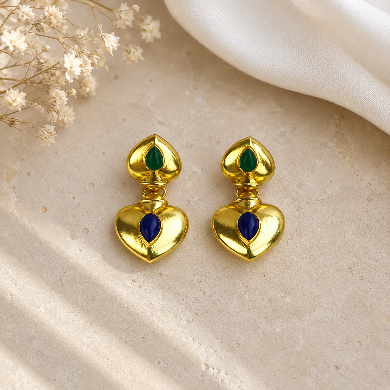 Royal Heart Duo Dangles – Gold Plated Cabochon Statement Drop Earrings