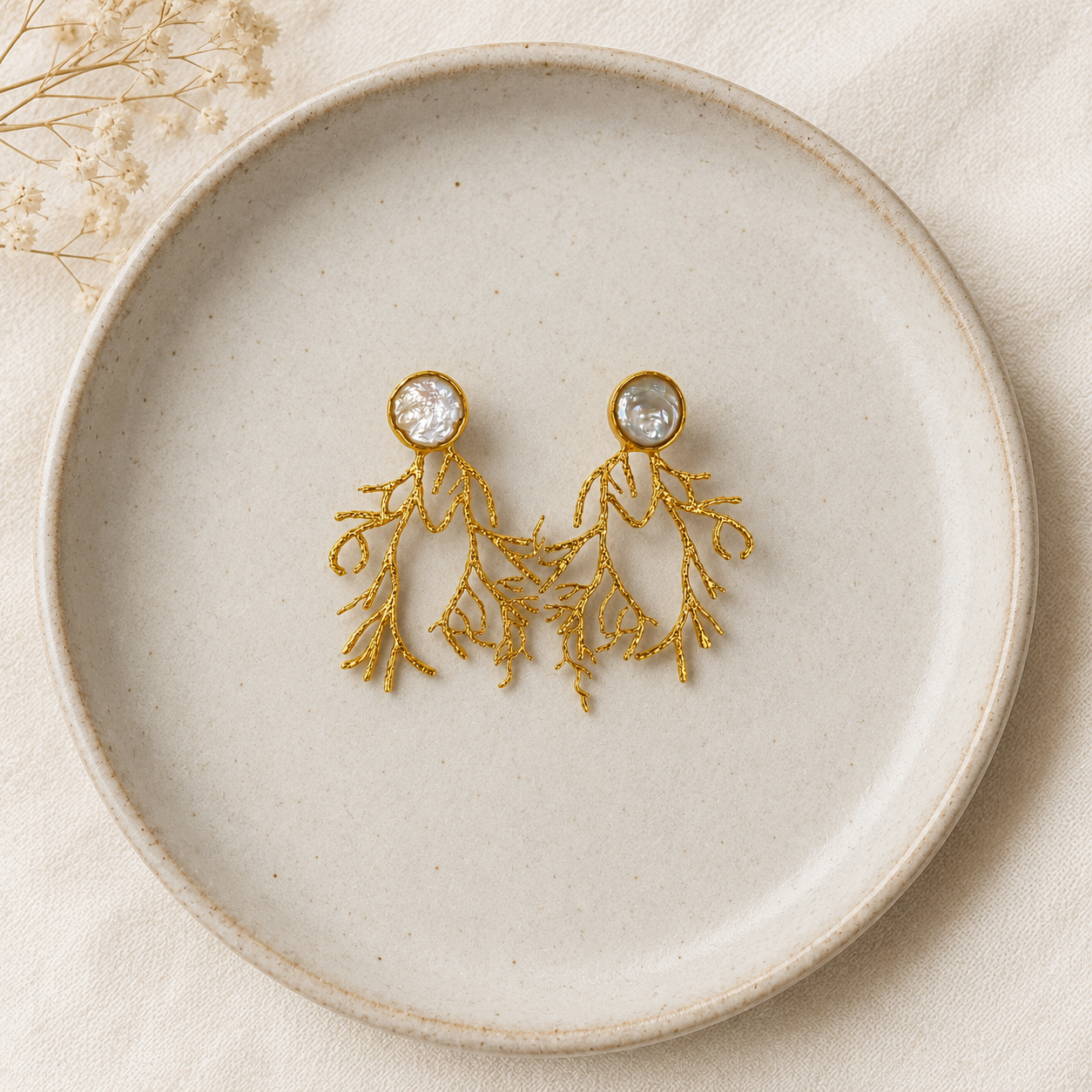 Gold Branch Coral Statement Earrings – Gold Plated Baroque Pearl Botanical Drops
