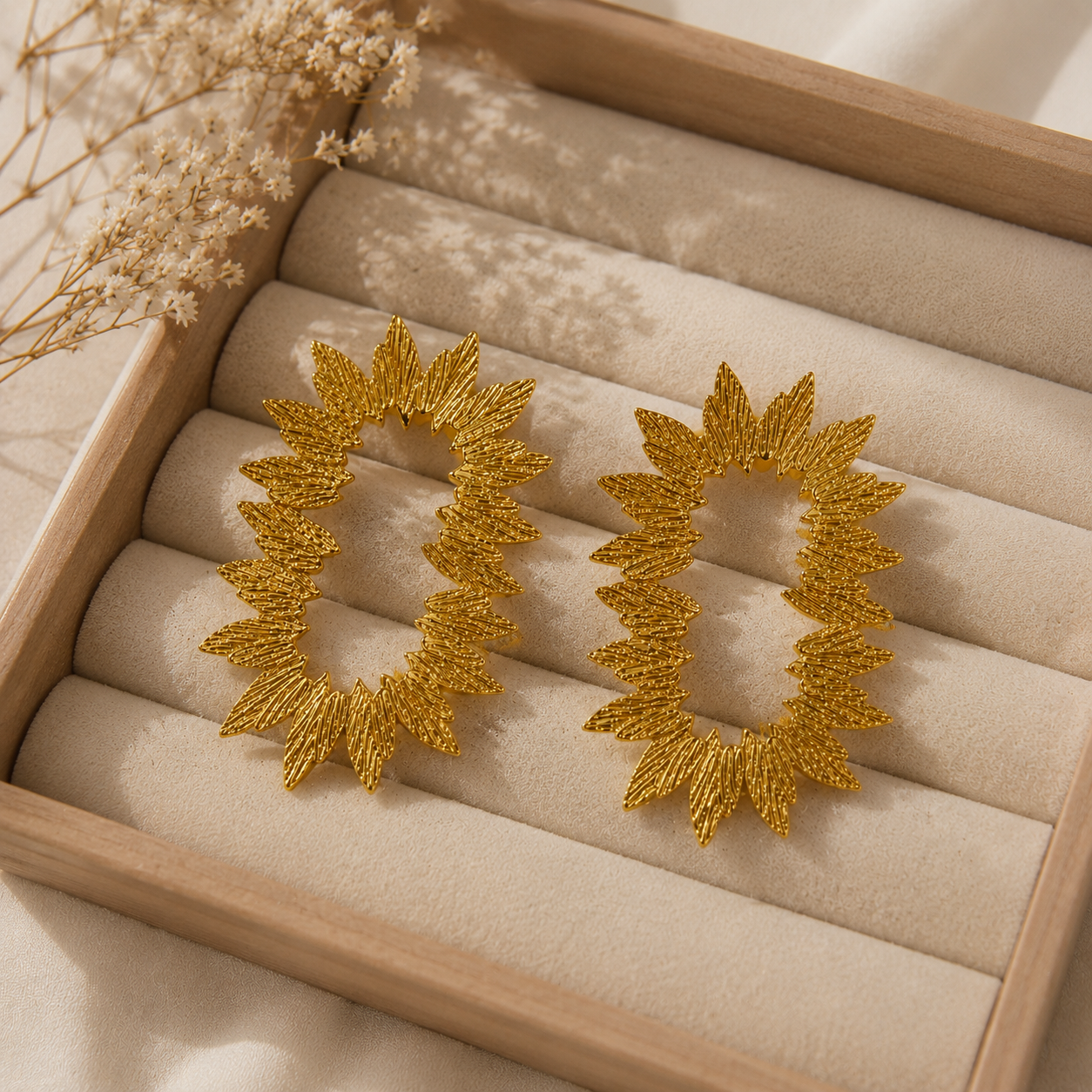 Gilded Sunflower Hoops – Textured Gold Plated Statement Open Hoops