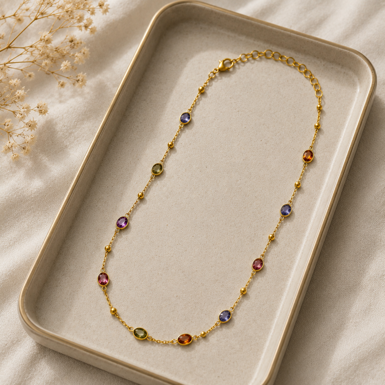 Rainbow Oval Link Necklace – Gold Plated Tourmaline Station Choker