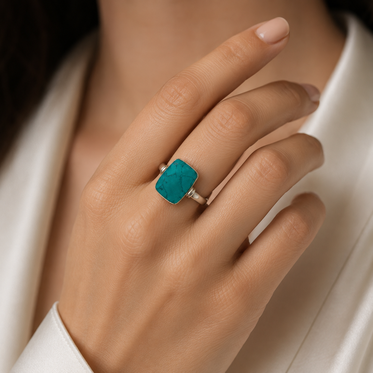 Turquoise Matrix Rectangle Ring – Sterling Silver Plated Southwest Statement Ring