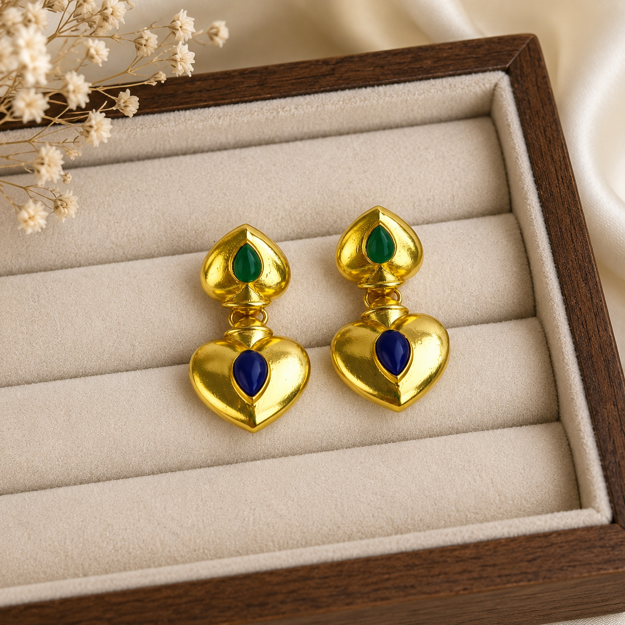 Royal Heart Duo Dangles – Gold Plated Cabochon Statement Drop Earrings