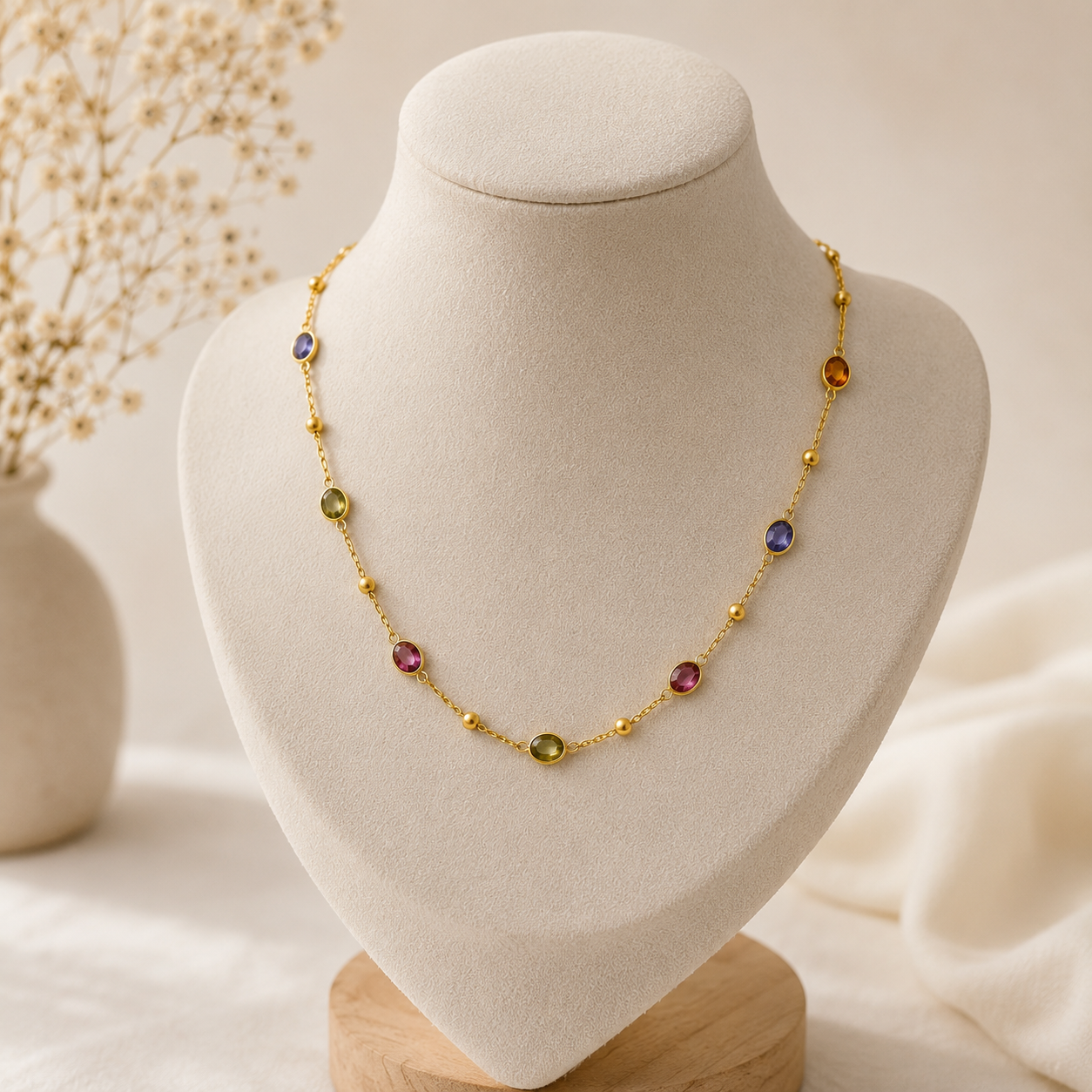 Rainbow Oval Link Necklace – Gold Plated Tourmaline Station Choker