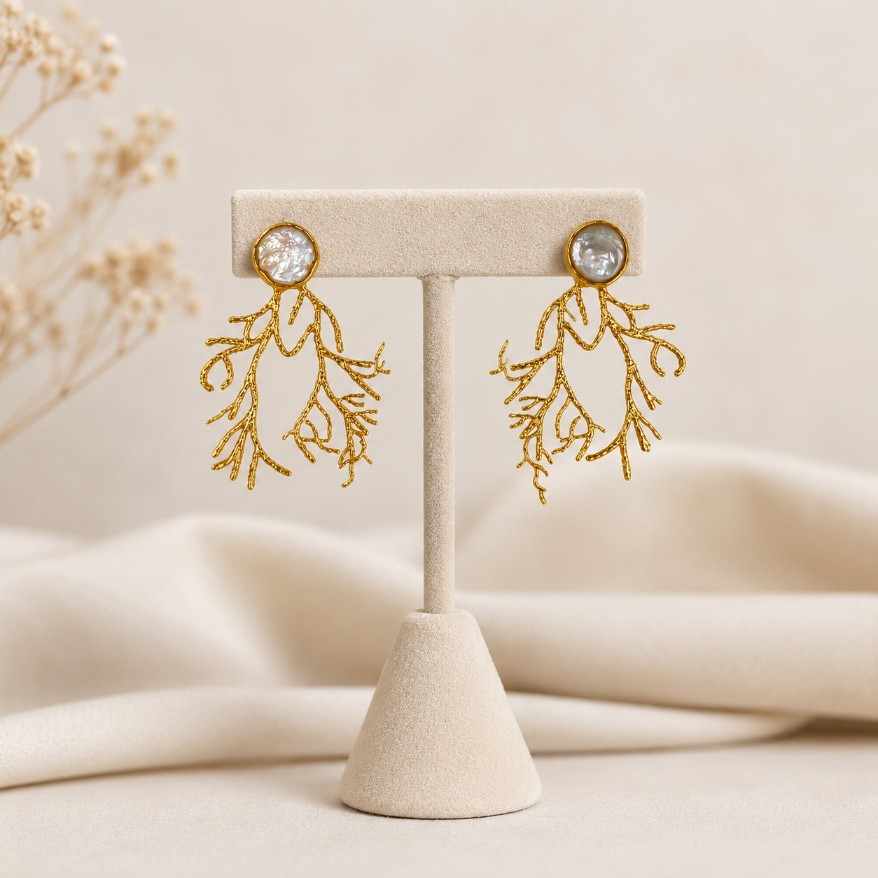 Gold Branch Coral Statement Earrings – Gold Plated Baroque Pearl Botanical Drops