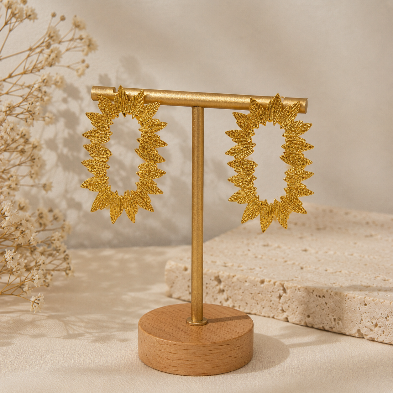Gilded Sunflower Hoops – Textured Gold Plated Statement Open Hoops