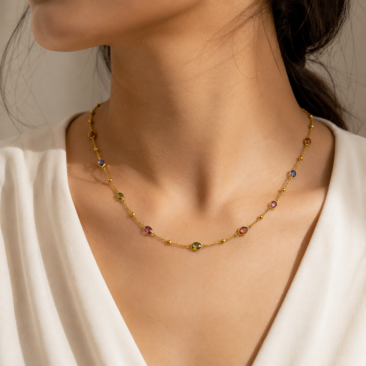 Rainbow Oval Link Necklace – Gold Plated Tourmaline Station Choker
