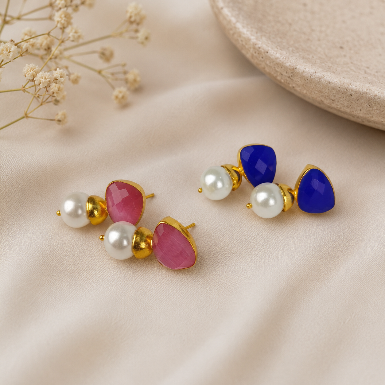 Azure Horizon Pearl Earrings – Gold Plated Calsi Stone Statement Drops