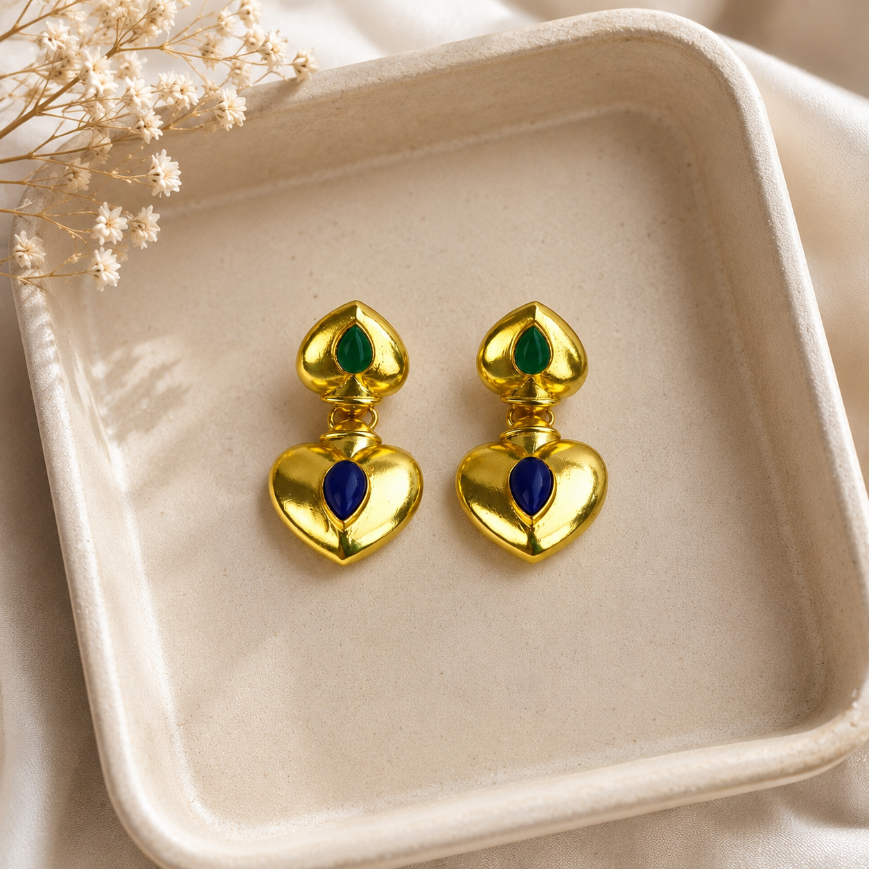 Royal Heart Duo Dangles – Gold Plated Cabochon Statement Drop Earrings