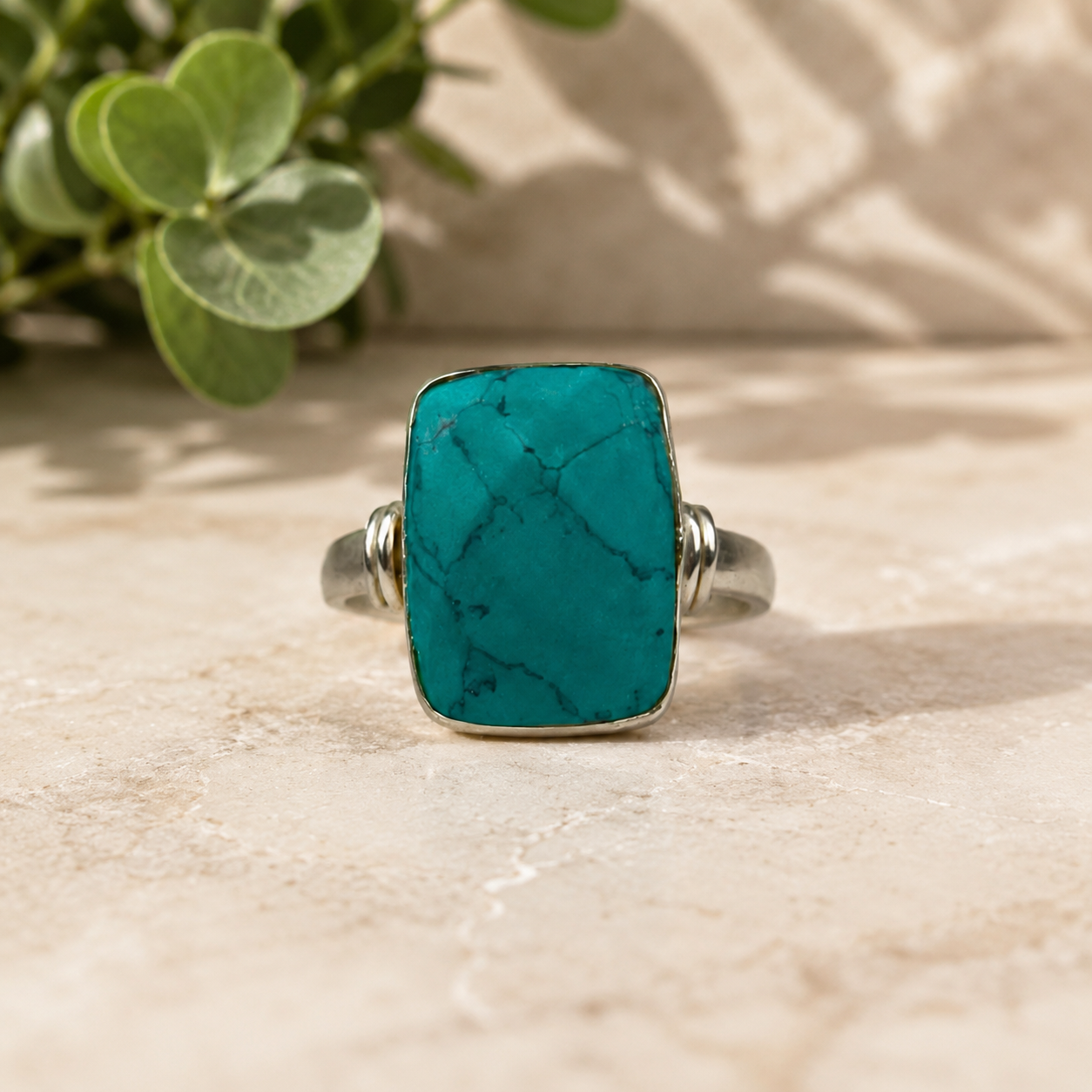 Turquoise Matrix Rectangle Ring – Sterling Silver Plated Southwest Statement Ring