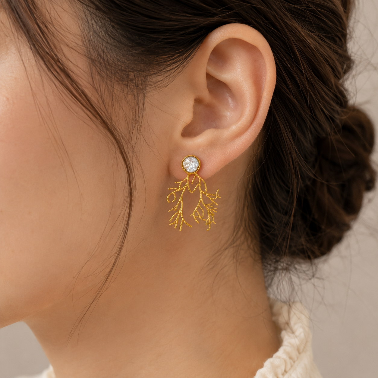 Gold Branch Coral Statement Earrings – Gold Plated Baroque Pearl Botanical Drops