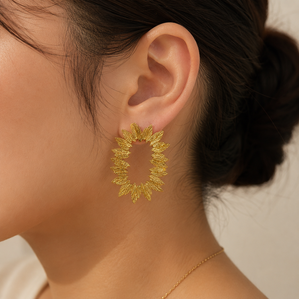 Gilded Sunflower Hoops – Textured Gold Plated Statement Open Hoops