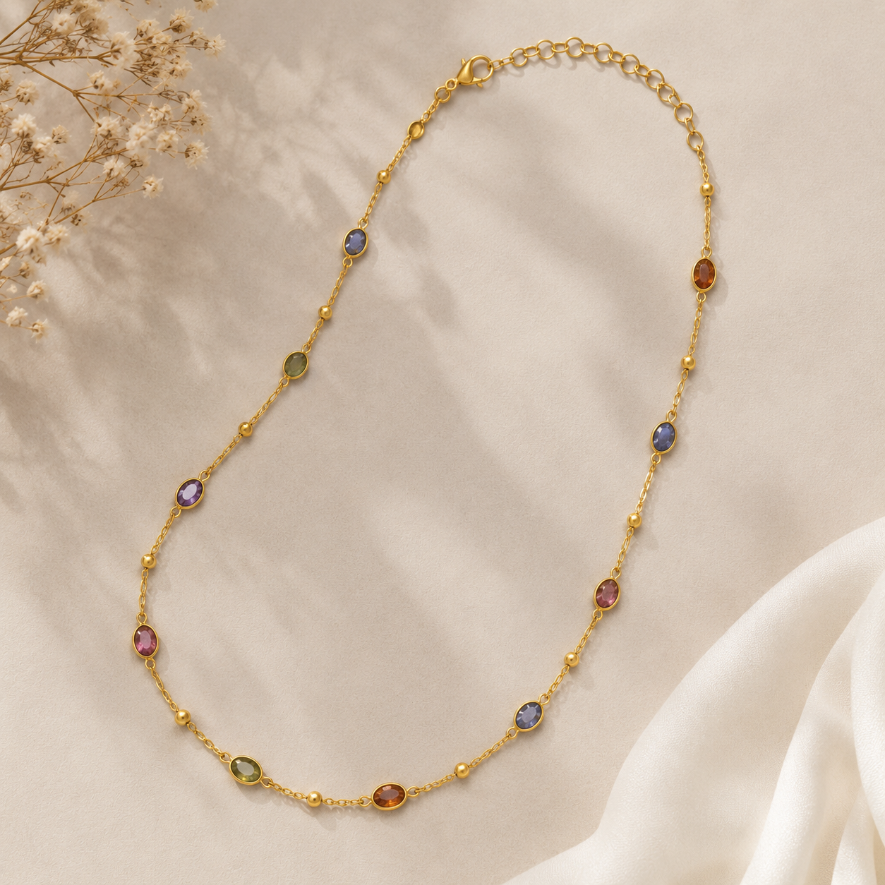 Rainbow Oval Link Necklace – Gold Plated Tourmaline Station Choker