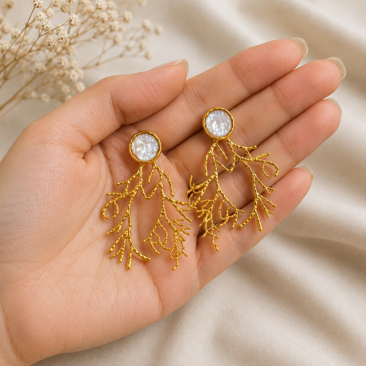 Gold Branch Coral Statement Earrings – Gold Plated Baroque Pearl Botanical Drops