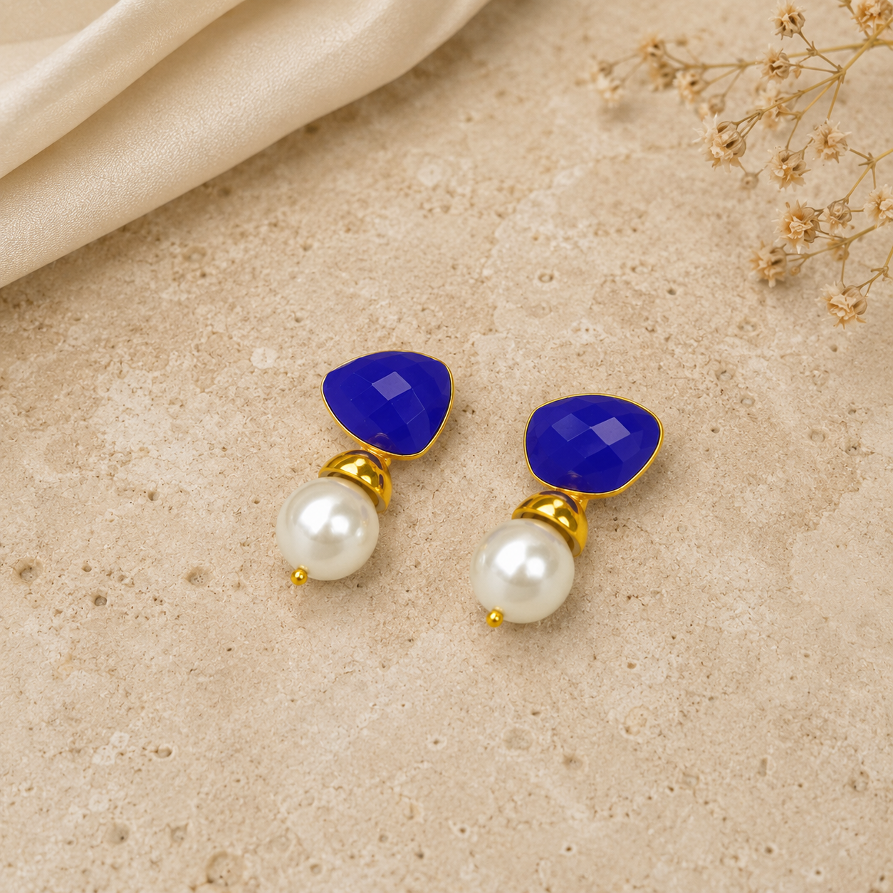 Azure Horizon Pearl Earrings – Gold Plated Calsi Stone Statement Drops