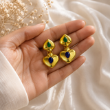 Royal Heart Duo Dangles – Gold Plated Cabochon Statement Drop Earrings