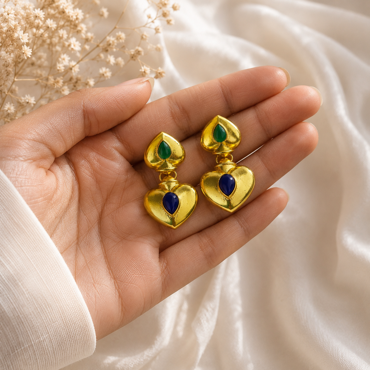 Royal Heart Duo Dangles – Gold Plated Cabochon Statement Drop Earrings