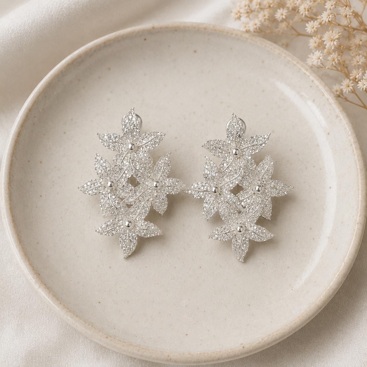Silver Frost Blossom Cluster Studs – Silver Plated Textured Floral Statement Earrings