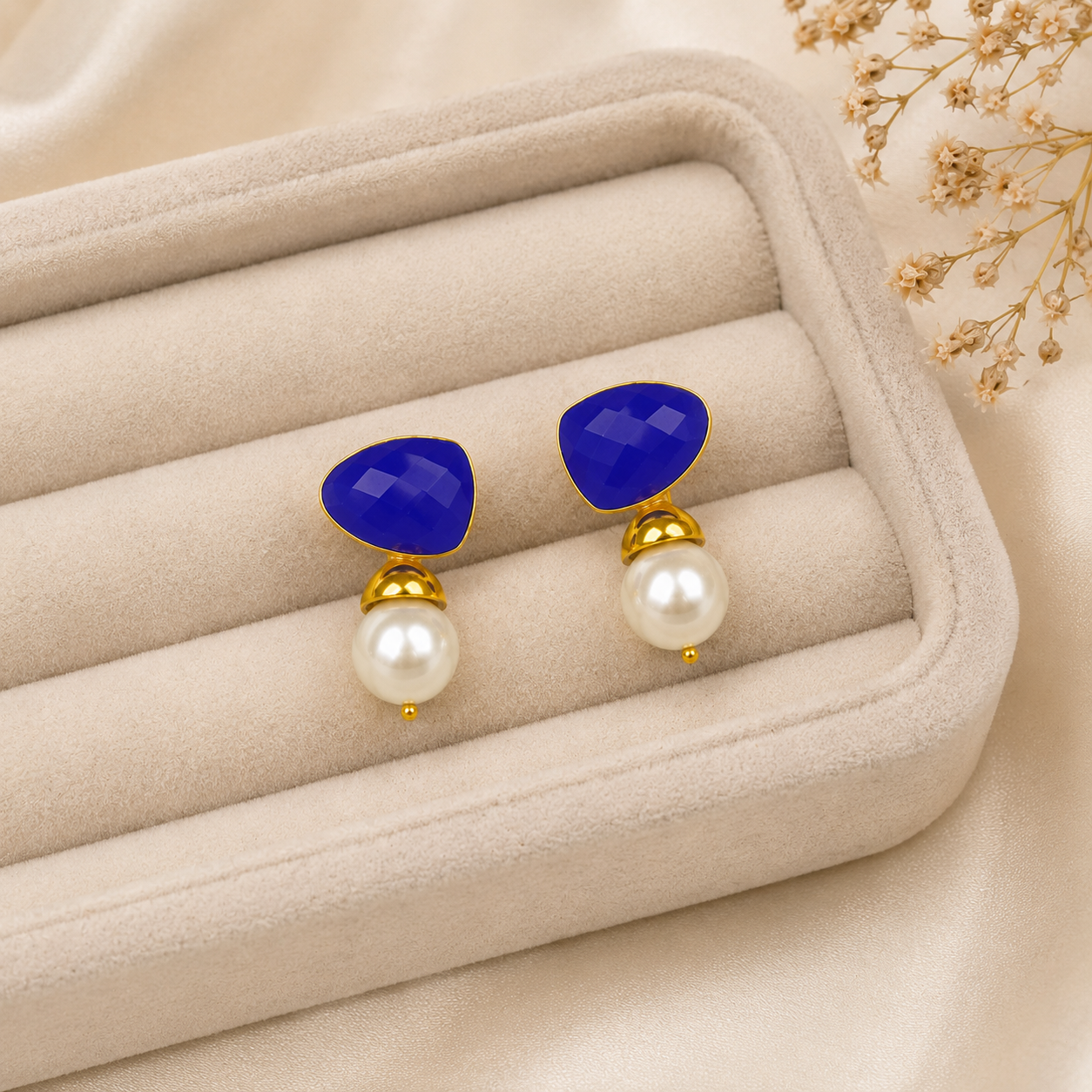 Azure Horizon Pearl Earrings – Gold Plated Calsi Stone Statement Drops