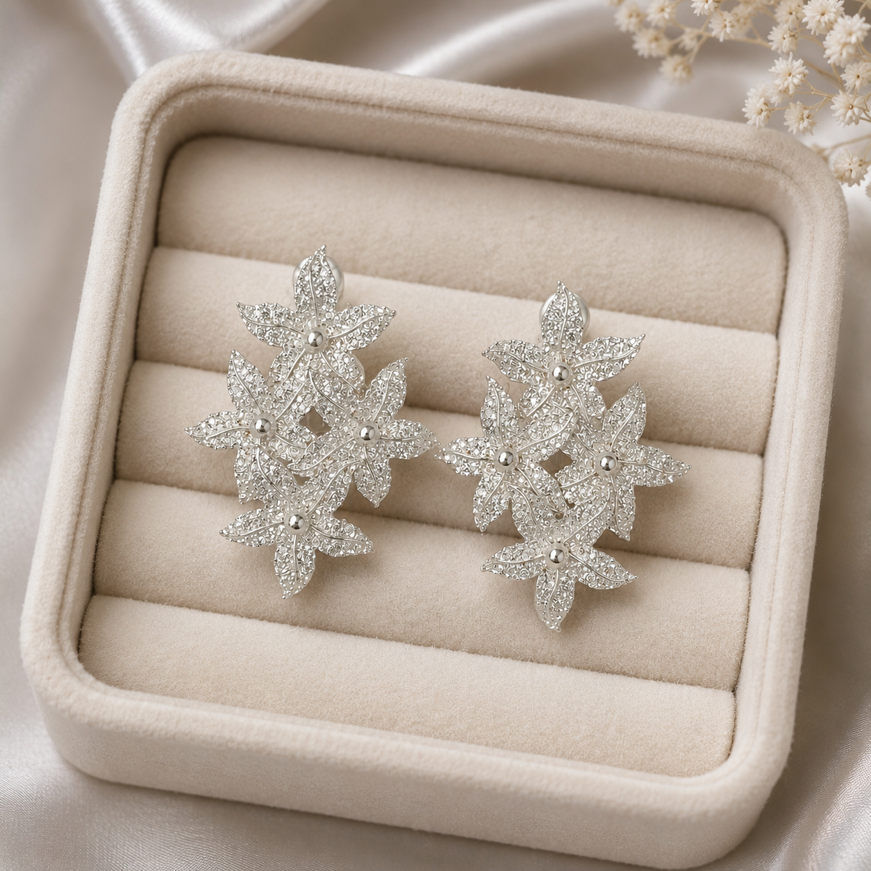 Silver Frost Blossom Cluster Studs – Silver Plated Textured Floral Statement Earrings
