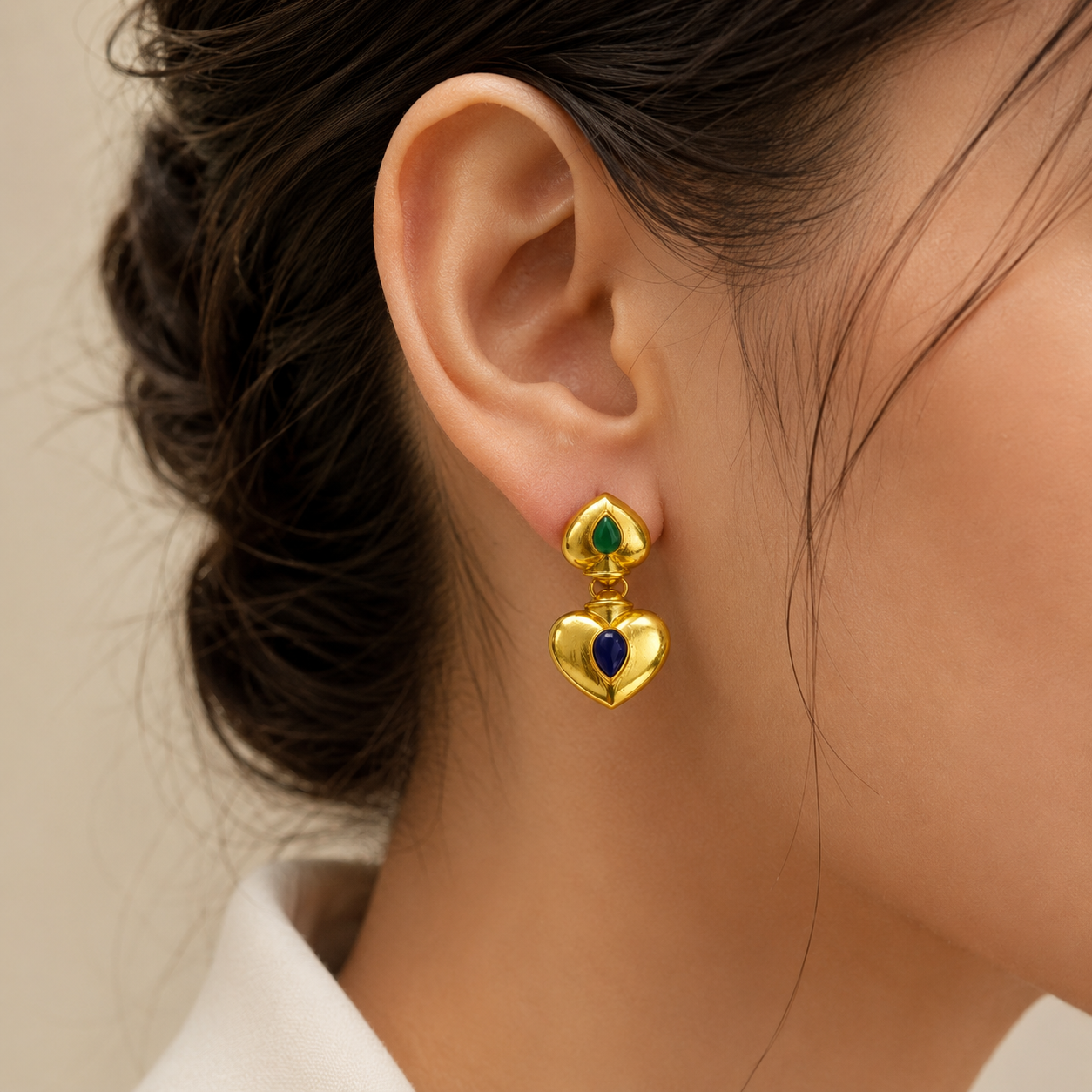 Royal Heart Duo Dangles – Gold Plated Cabochon Statement Drop Earrings