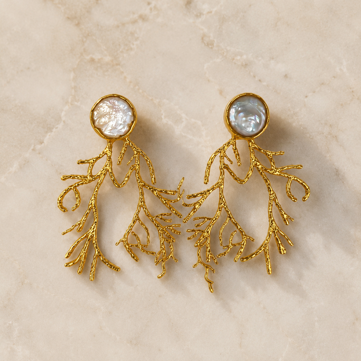 Gold Branch Coral Statement Earrings – Gold Plated Baroque Pearl Botanical Drops