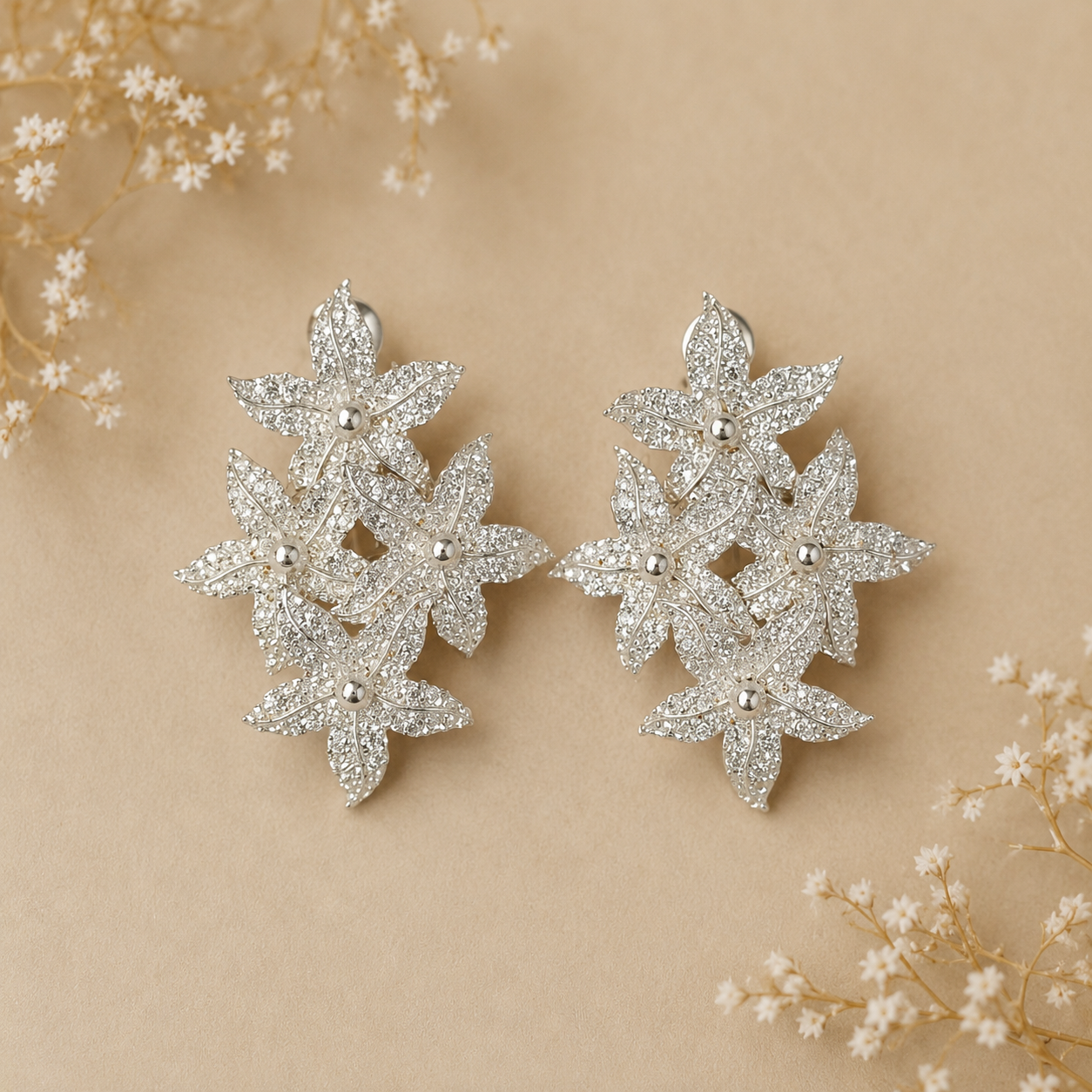 Silver Frost Blossom Cluster Studs – Silver Plated Textured Floral Statement Earrings