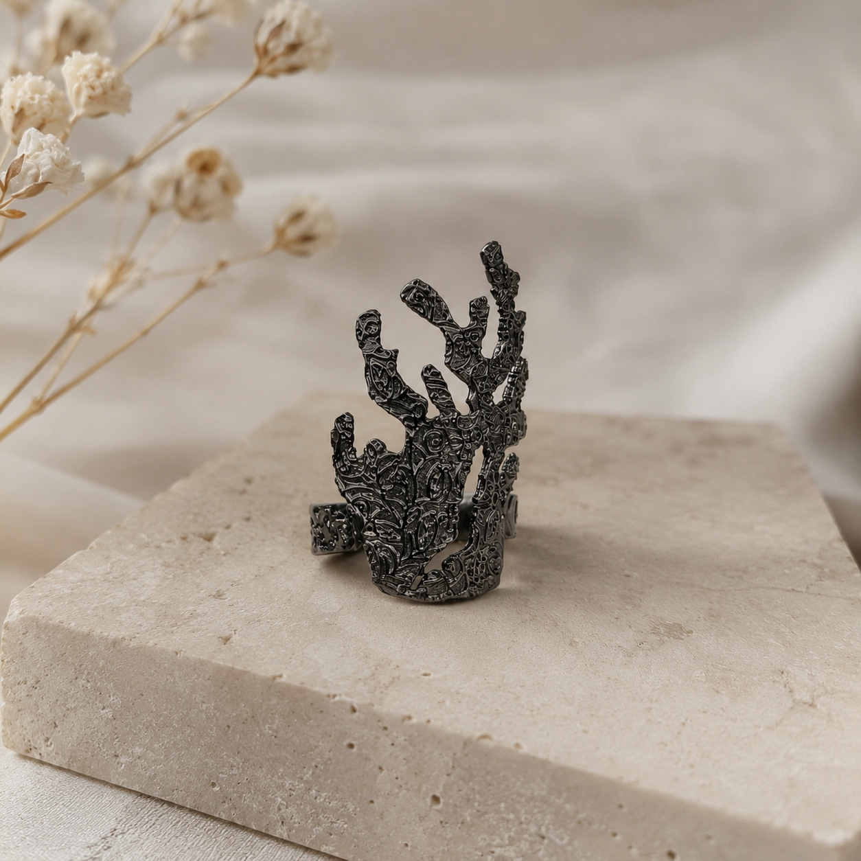 Oxidized Nocturnal Crown Ring – Dark Patina Textured Gothic Statement Ring