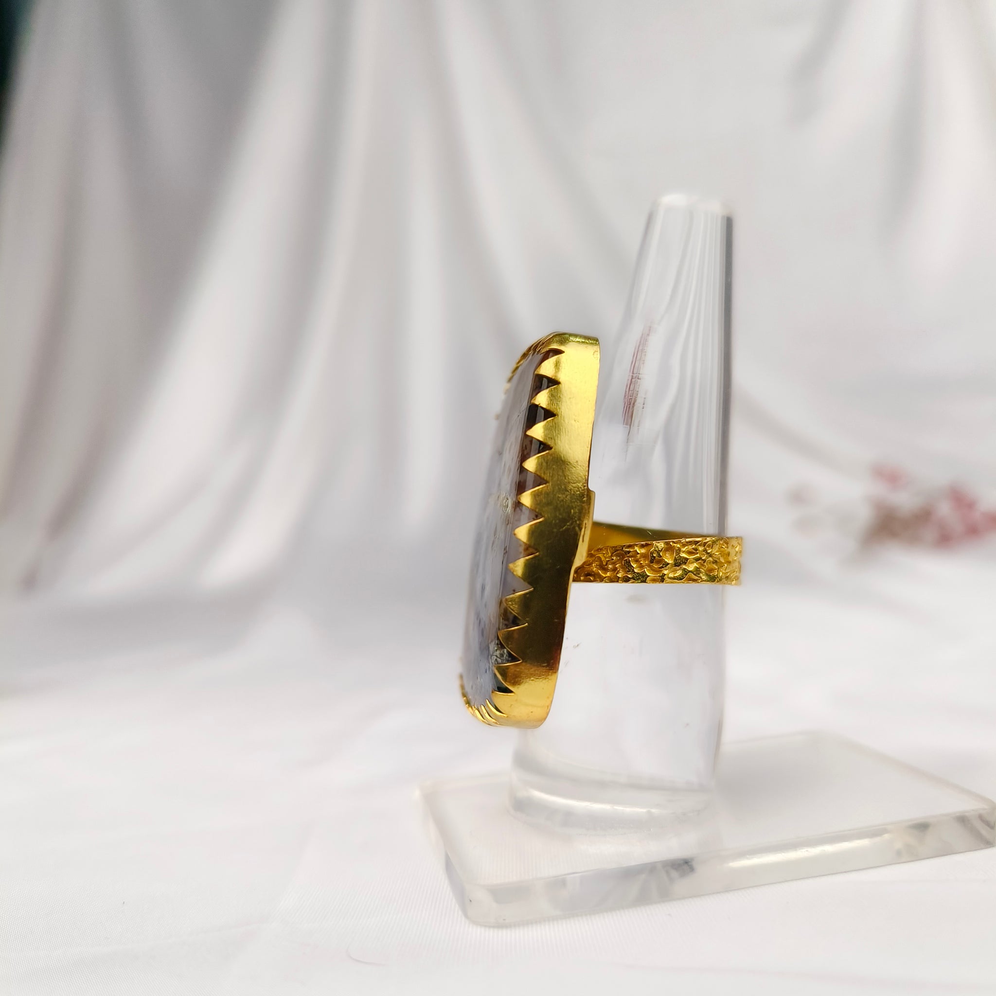 Twilight Matrix Cushion Ring – Gold Plated Dendritic Agate Statement Cocktail Ring
